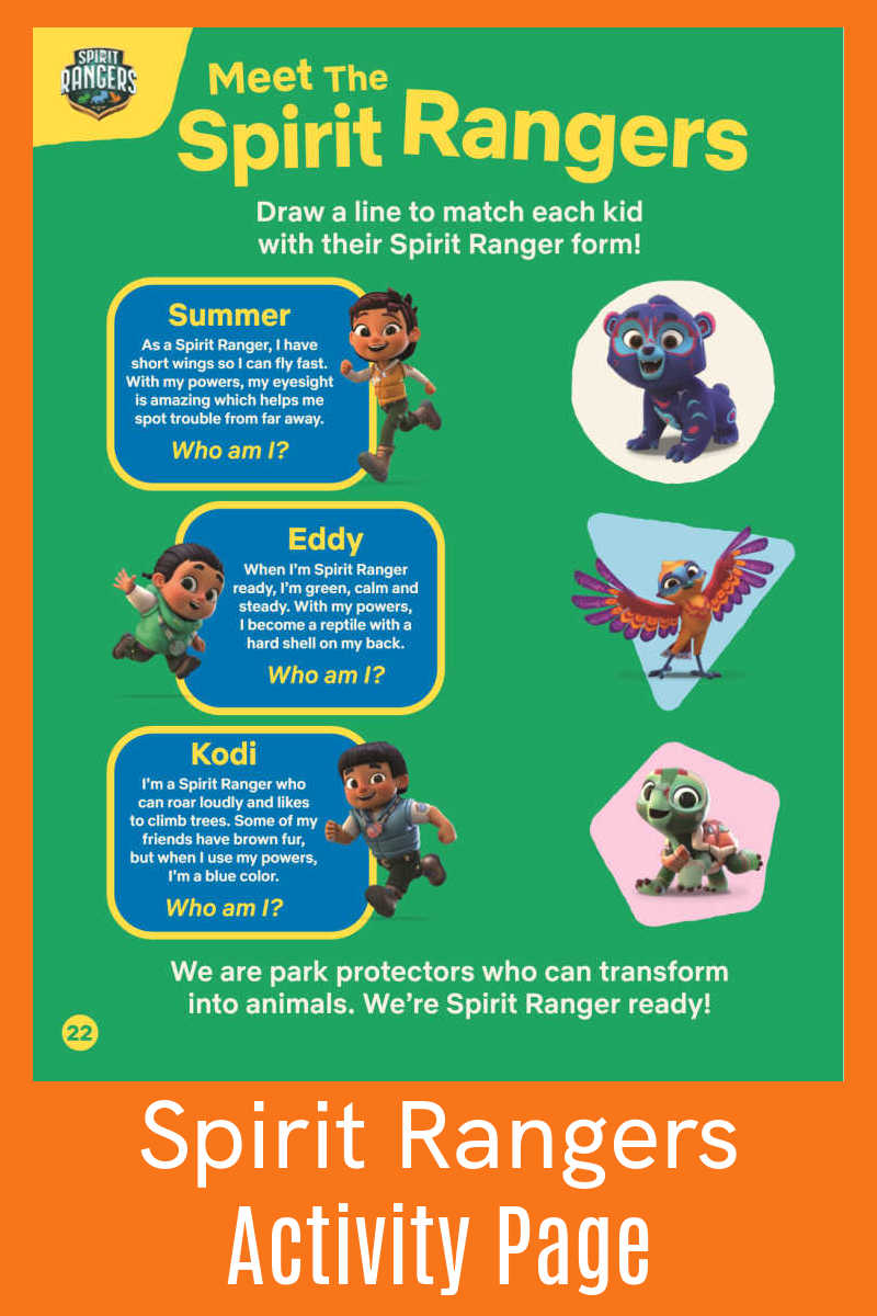 Learn about the characters in the Netflix show, when you download the free Spirit Rangers matching activity page. 