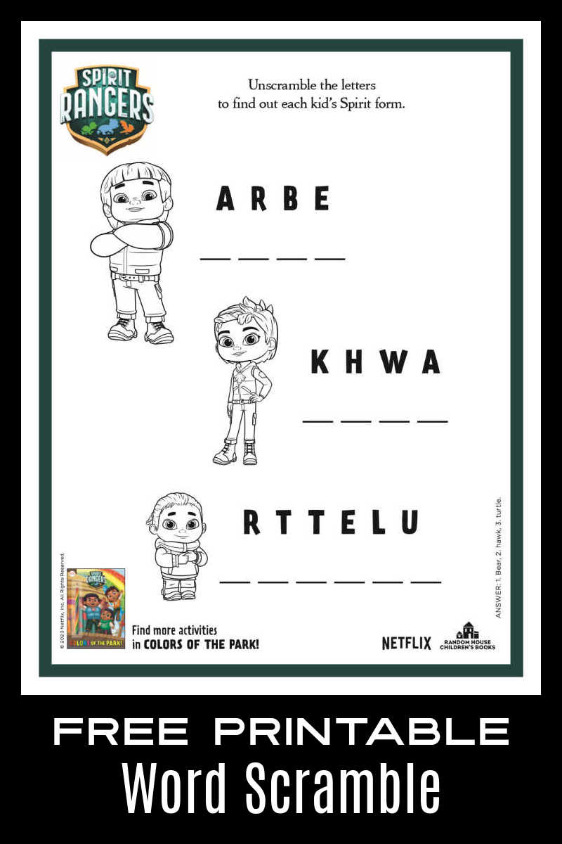 Download the Spirit Rangers word scramble, so your kids can unscramble the words on the activity page from Netflix. 
