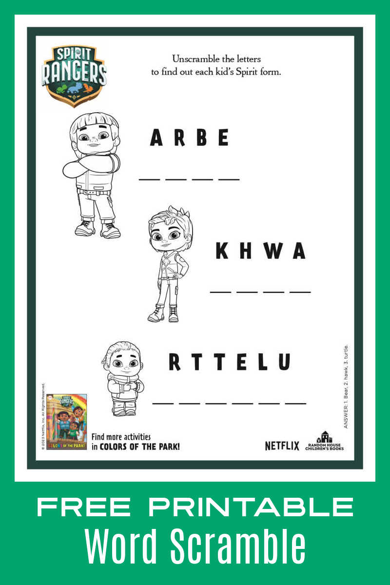 Download the Spirit Rangers word scramble, so your kids can unscramble the words on the activity page from Netflix. 