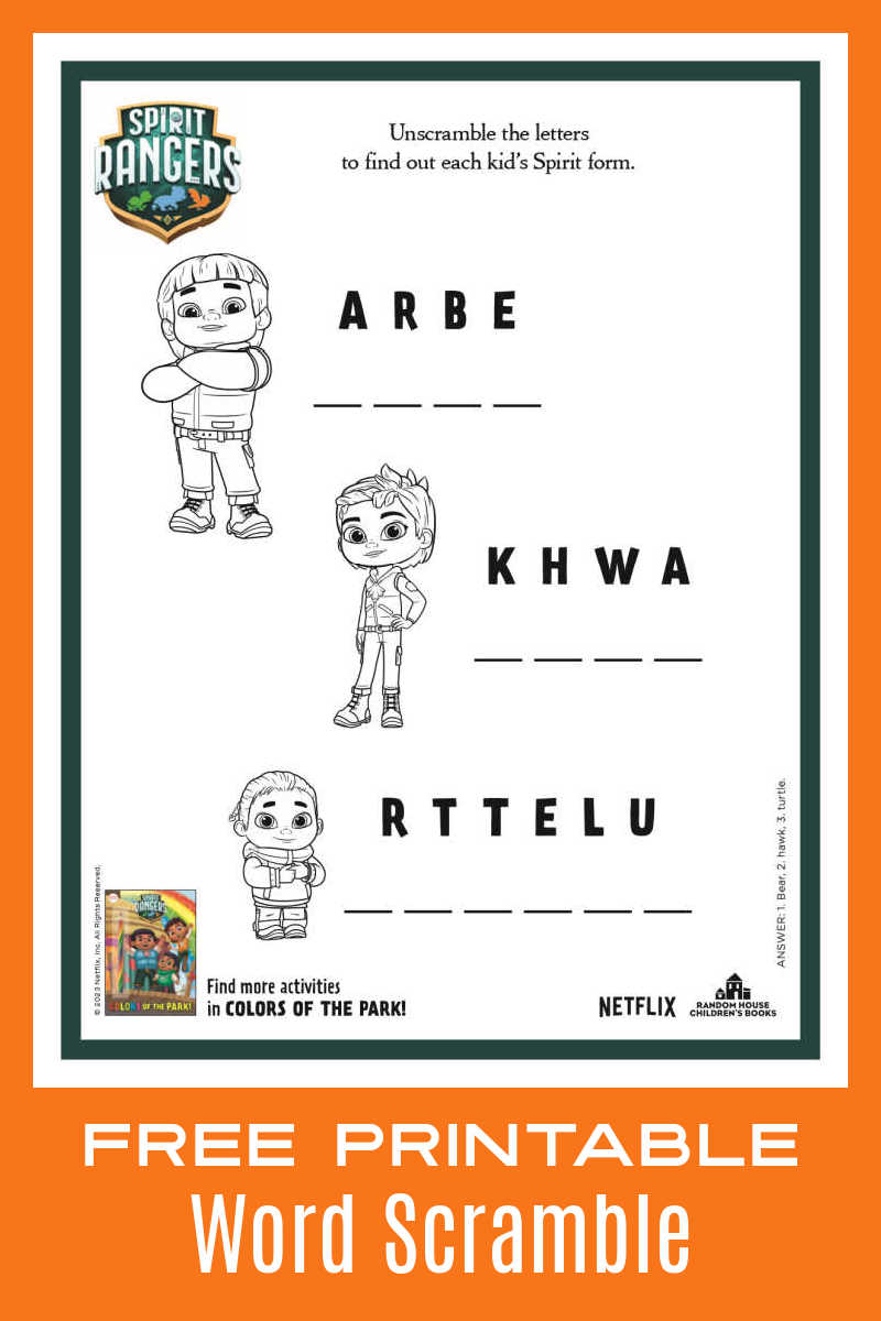 Download the Spirit Rangers word scramble, so your kids can unscramble the words on the activity page from Netflix. 