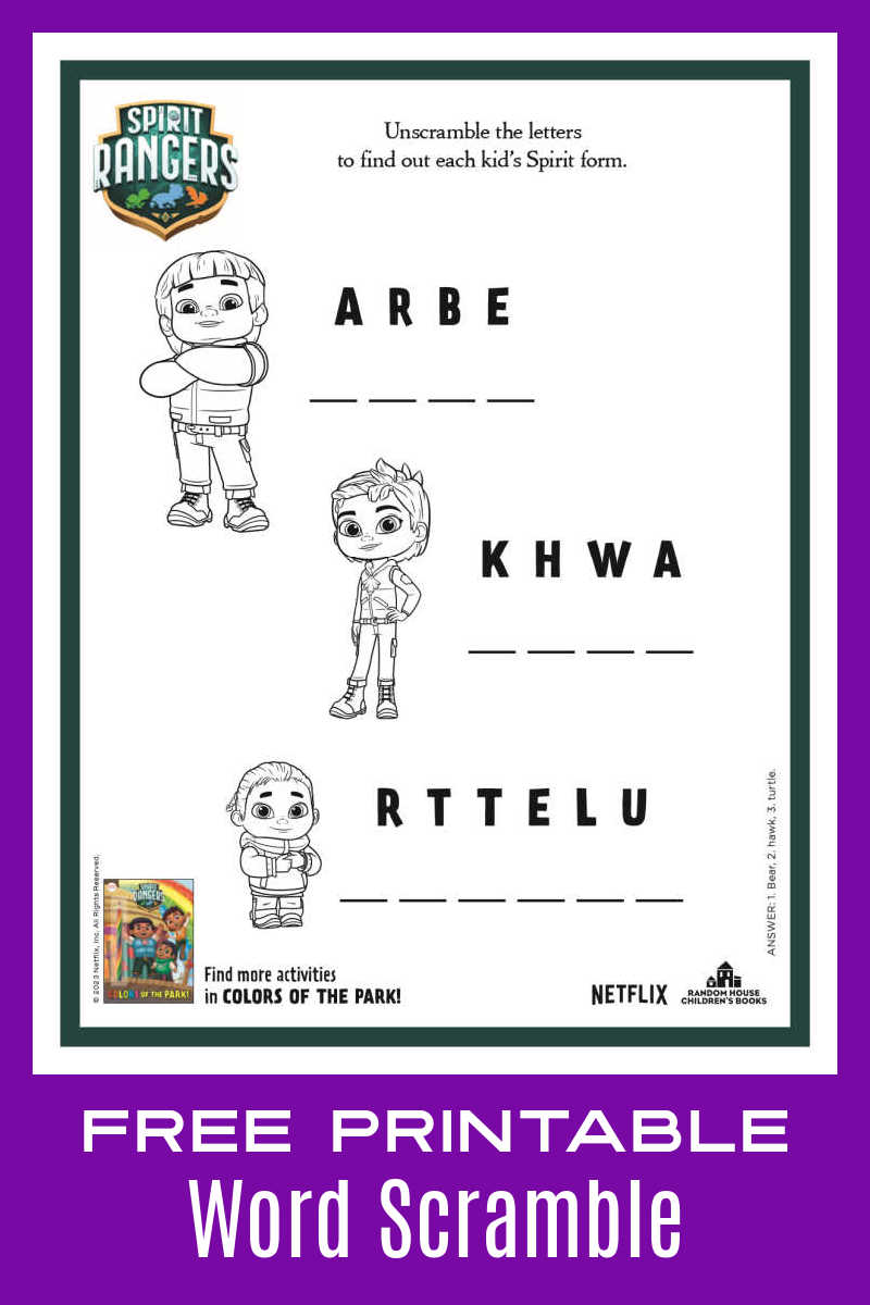 Download the Spirit Rangers word scramble, so your kids can unscramble the words on the activity page from Netflix. 