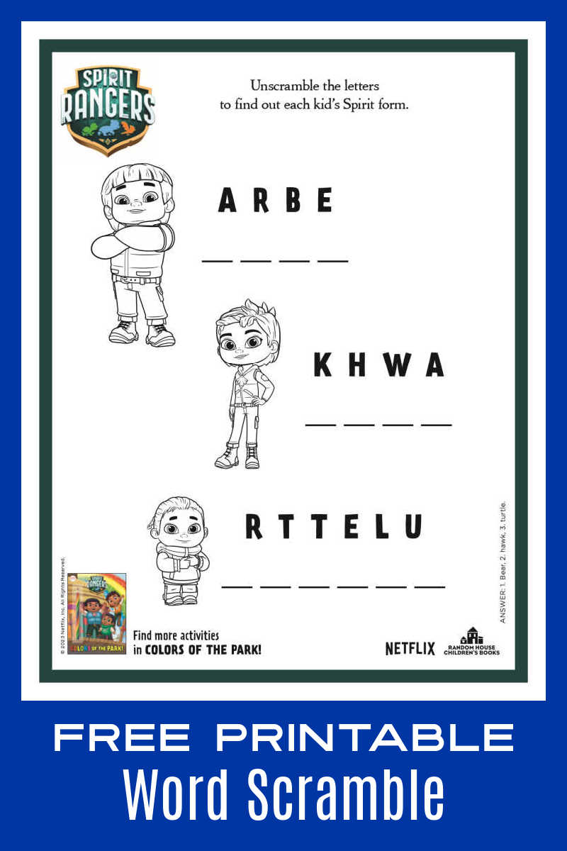 Download the Spirit Rangers word scramble, so your kids can unscramble the words on the activity page from Netflix. 