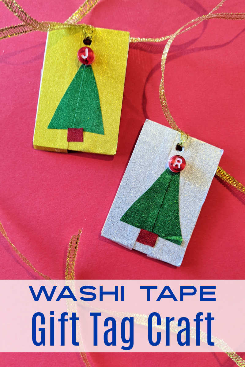 It's fun to make a reusable Christmas tree gift tag craft from wood, glitter washi tape and a cute initial bead on top of the tree. 