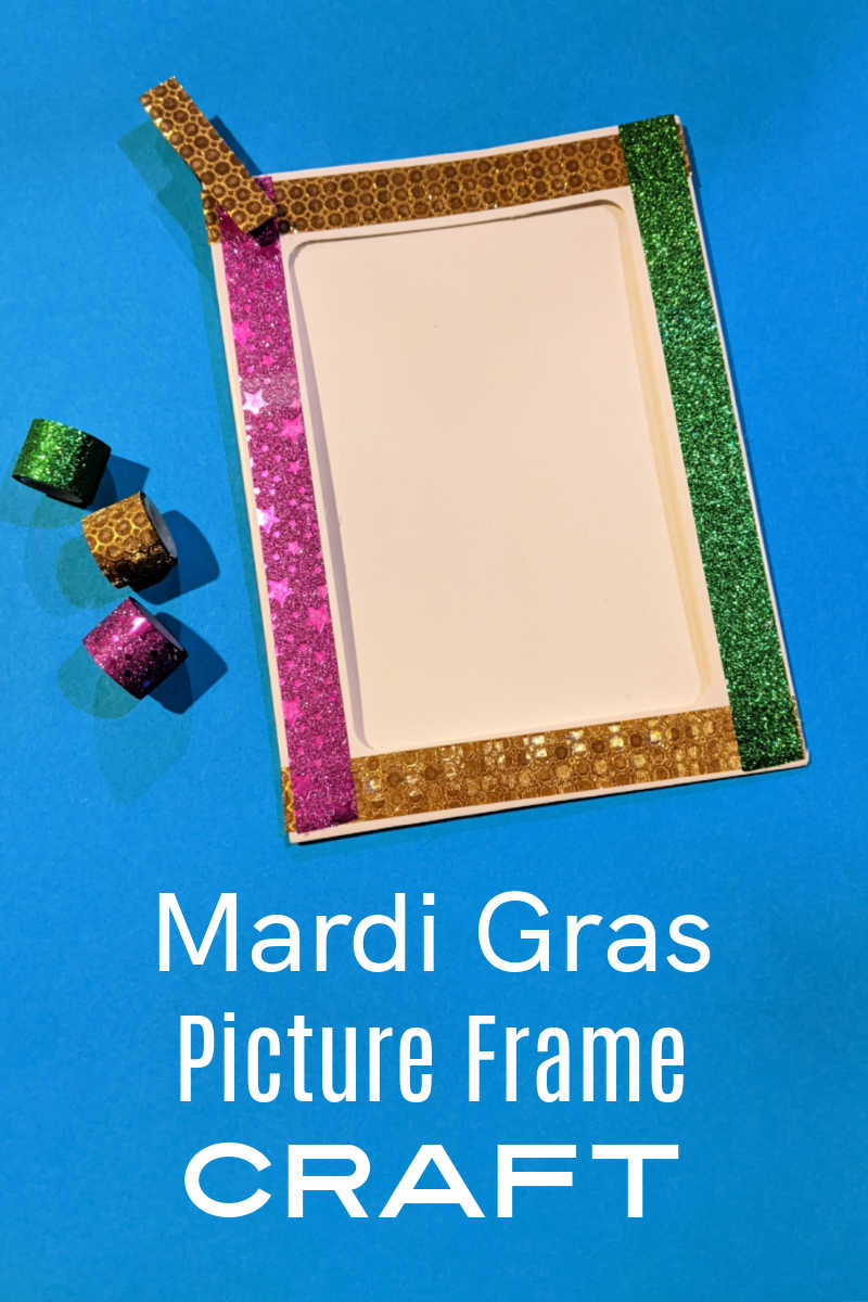 It's fun to make a DIY Mardi Gras frame craft that is decorated with festive purple, green and gold washi tape. 