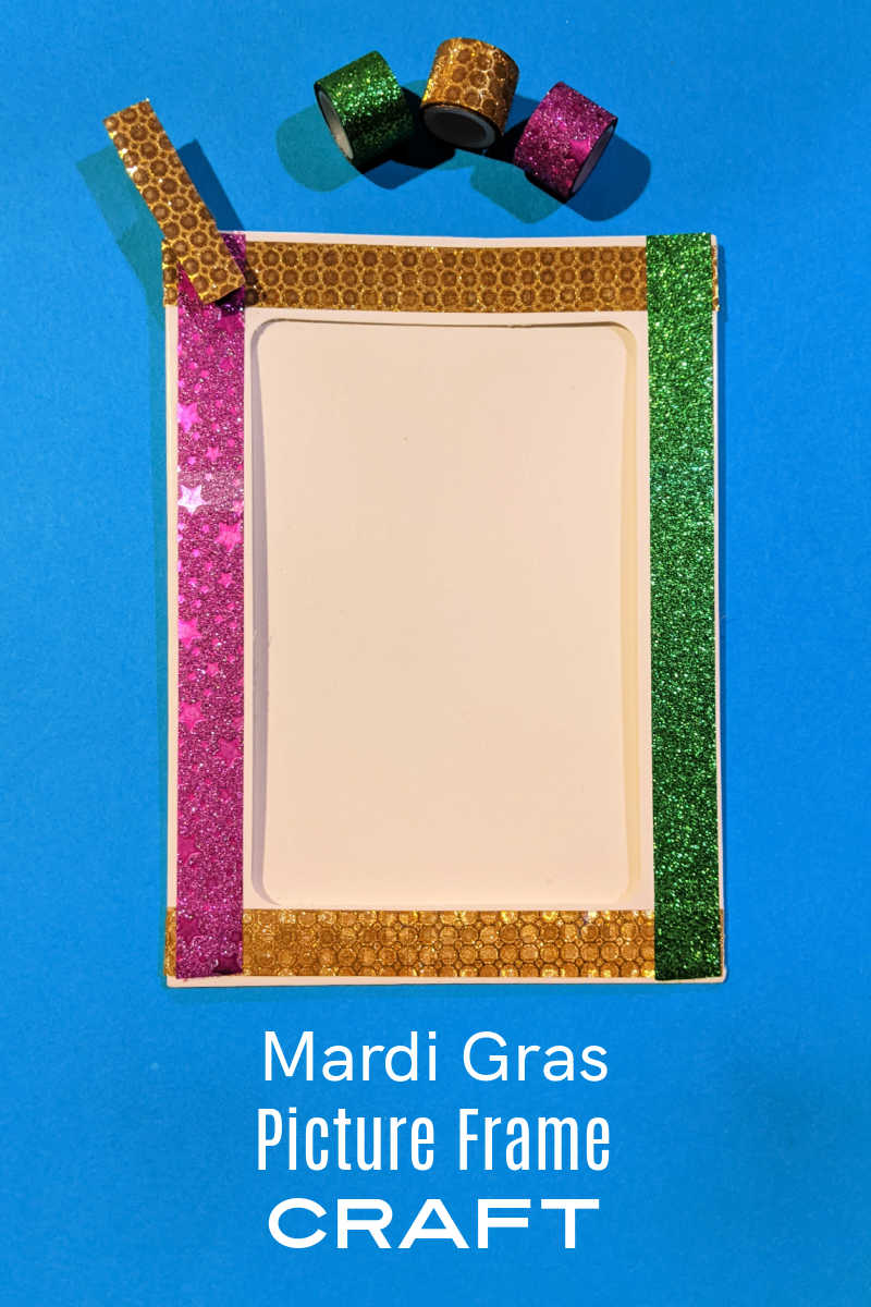 It's fun to make a DIY Mardi Gras frame craft that is decorated with festive purple, green and gold washi tape. 