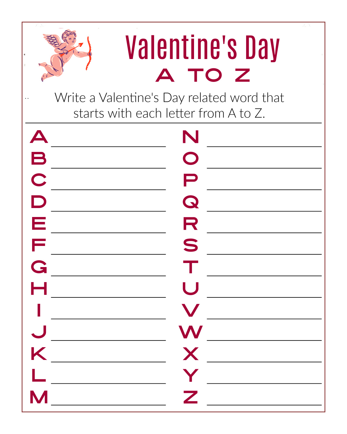 valentine word activity page