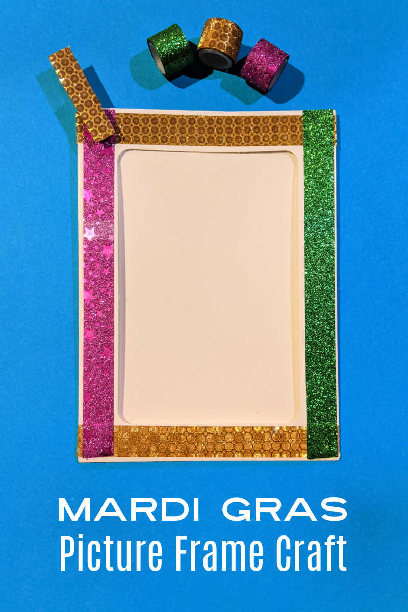 It's fun to make a DIY Mardi Gras frame craft that is decorated with festive purple, green and gold washi tape. 