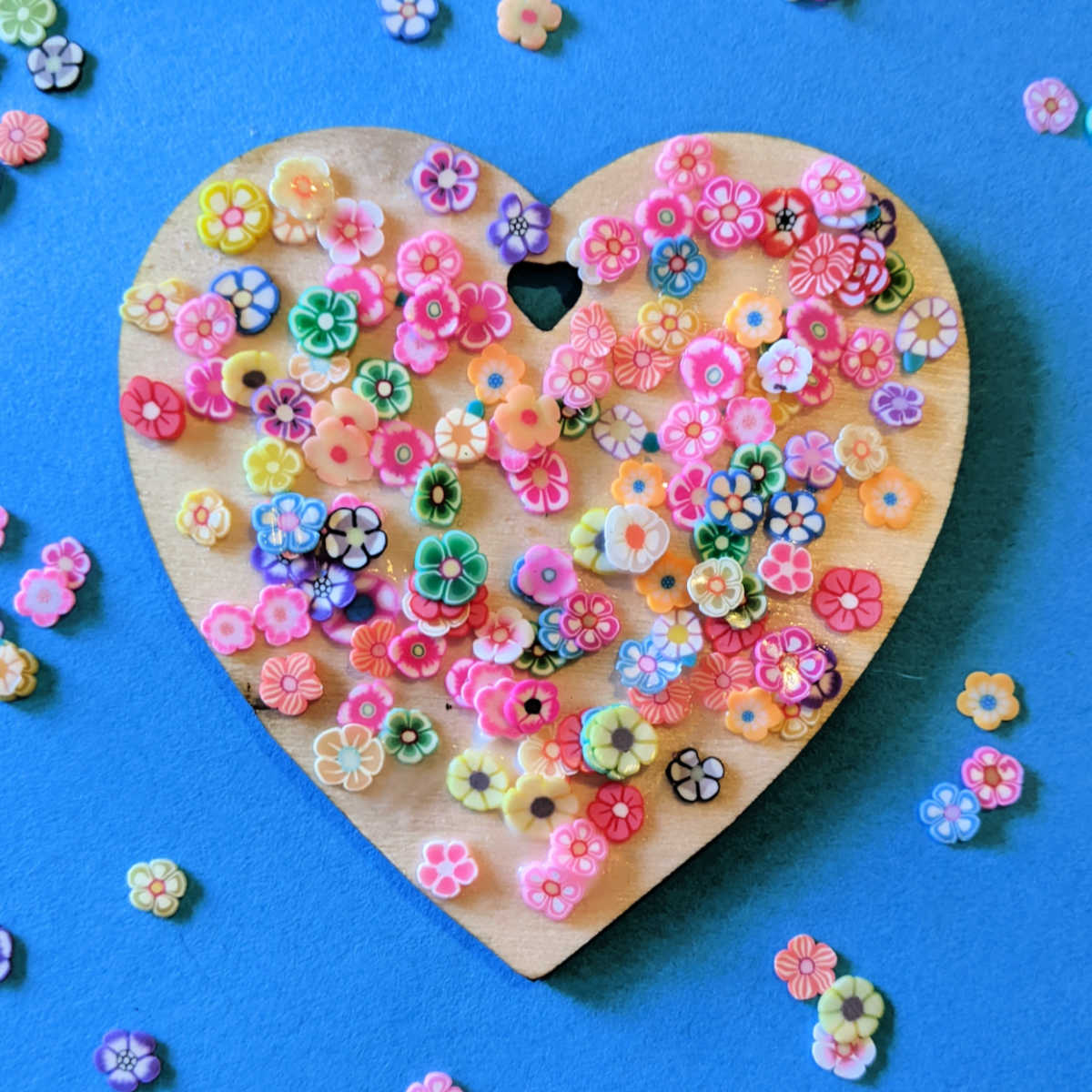 wood heart with polymer flowers