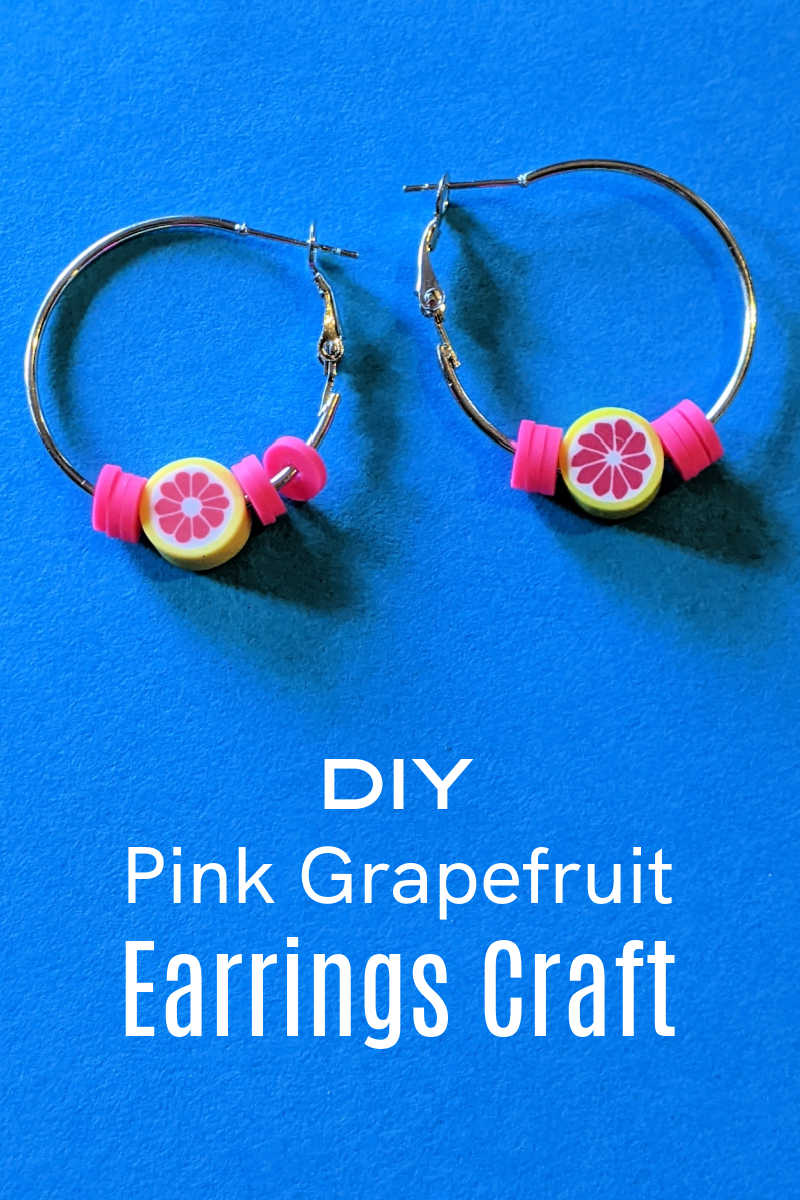 DIY beaded pink grapefruit hoop earrings are easy to make with colorful polymer clay citrus fruit beads and flat heishi beads. 