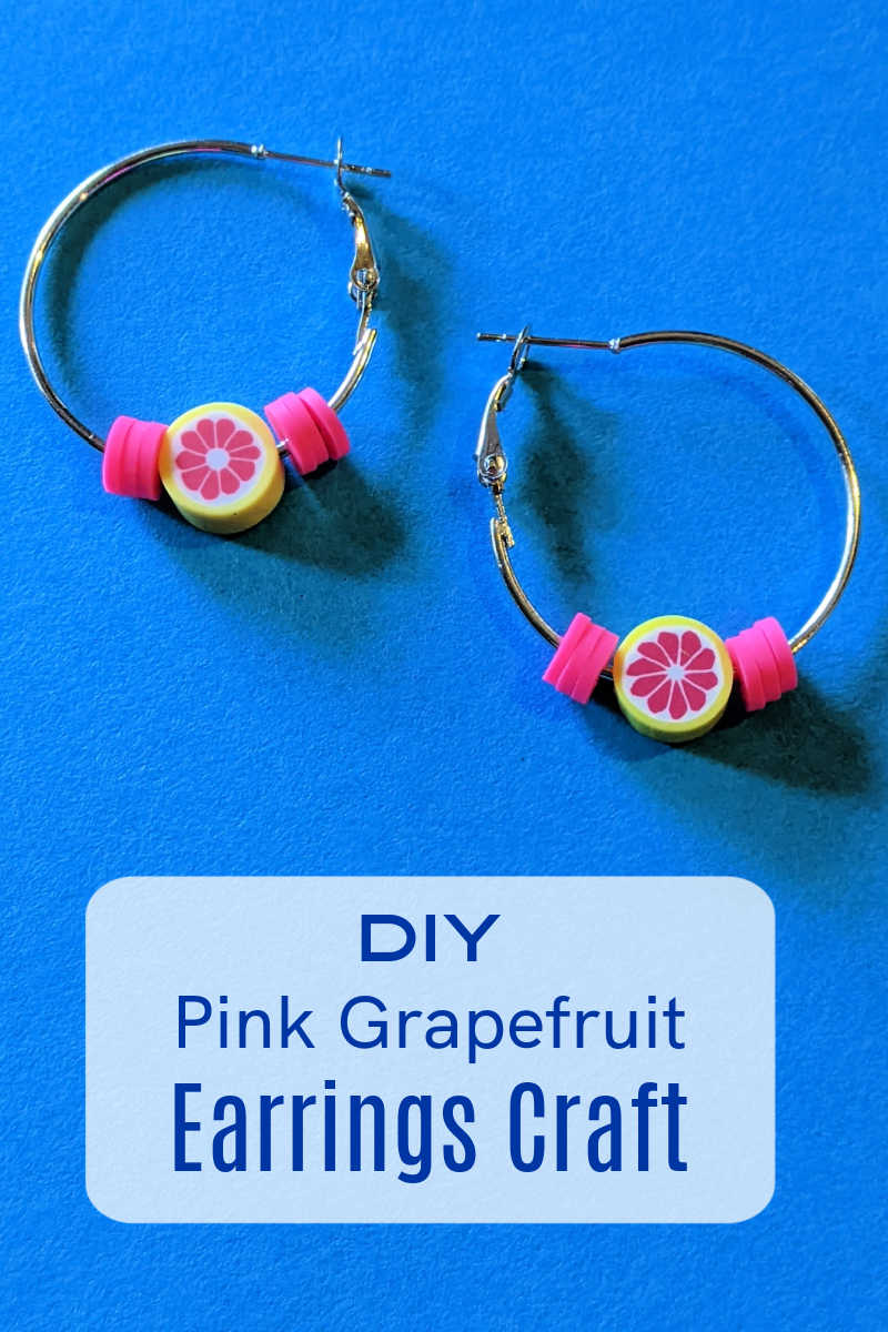 DIY beaded pink grapefruit hoop earrings are easy to make with colorful polymer clay citrus fruit beads and flat heishi beads. 