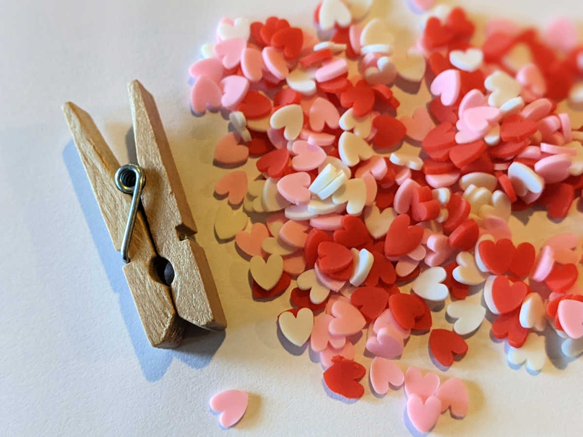 clothespin and heart confetti