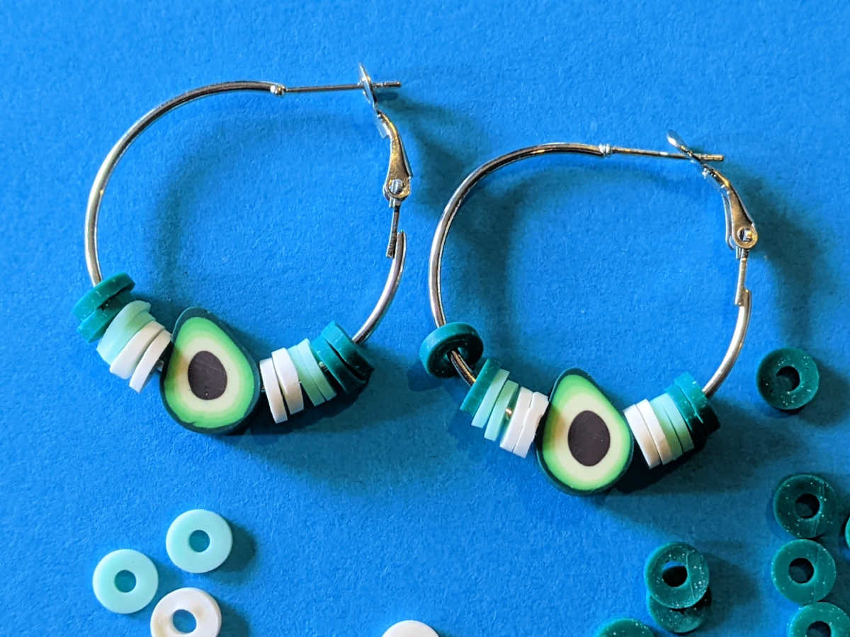 pair of beaded avocado hoop earrings