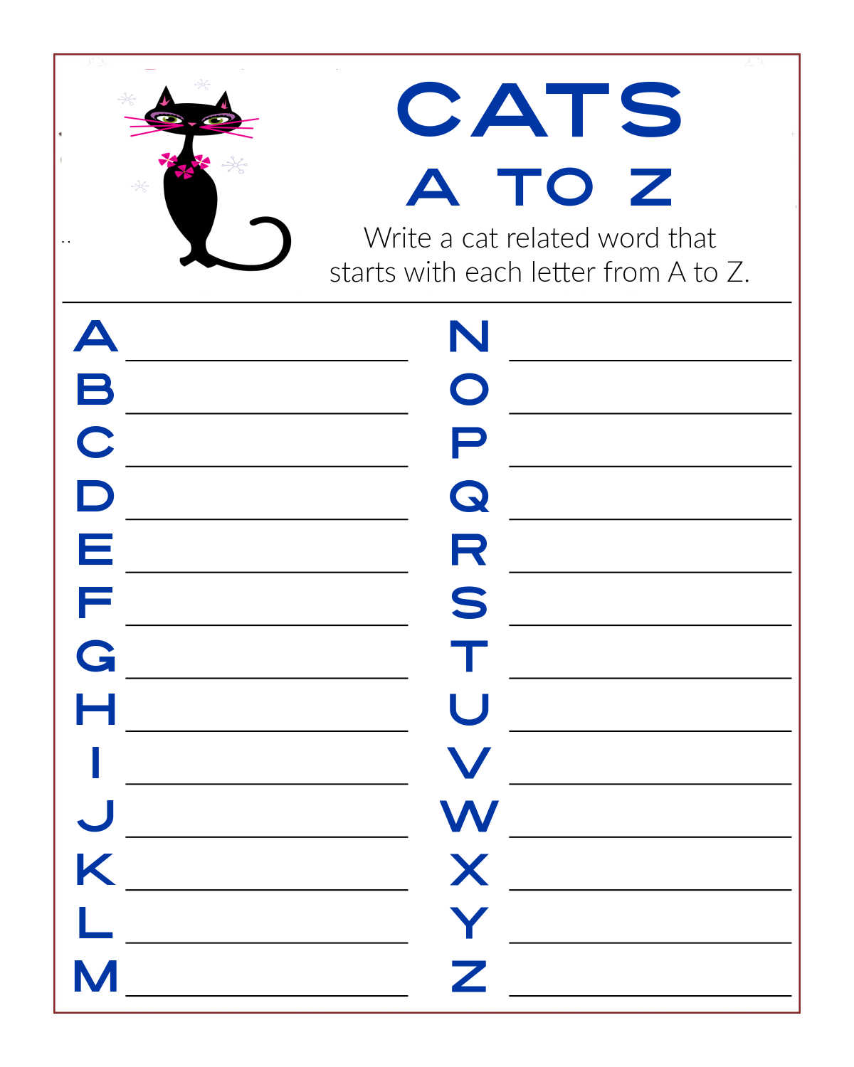 Free Printable A to Z Cat Word Activity Page - Mama Likes This