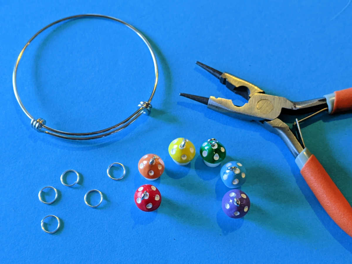 supplies for rainbow mushroom bangle bracelet craft