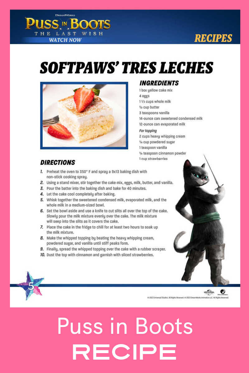 Start with a boxed cake mix and bake a delicious Puss in Boots tres leches cake to enjoy for family movie night or anytime. 
