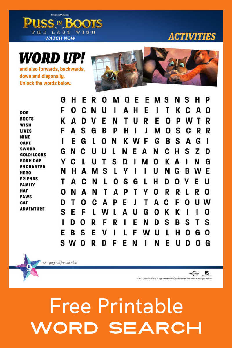 Download the free printable Puss in Boots word search and see how many of the movie words you or your child can find. 