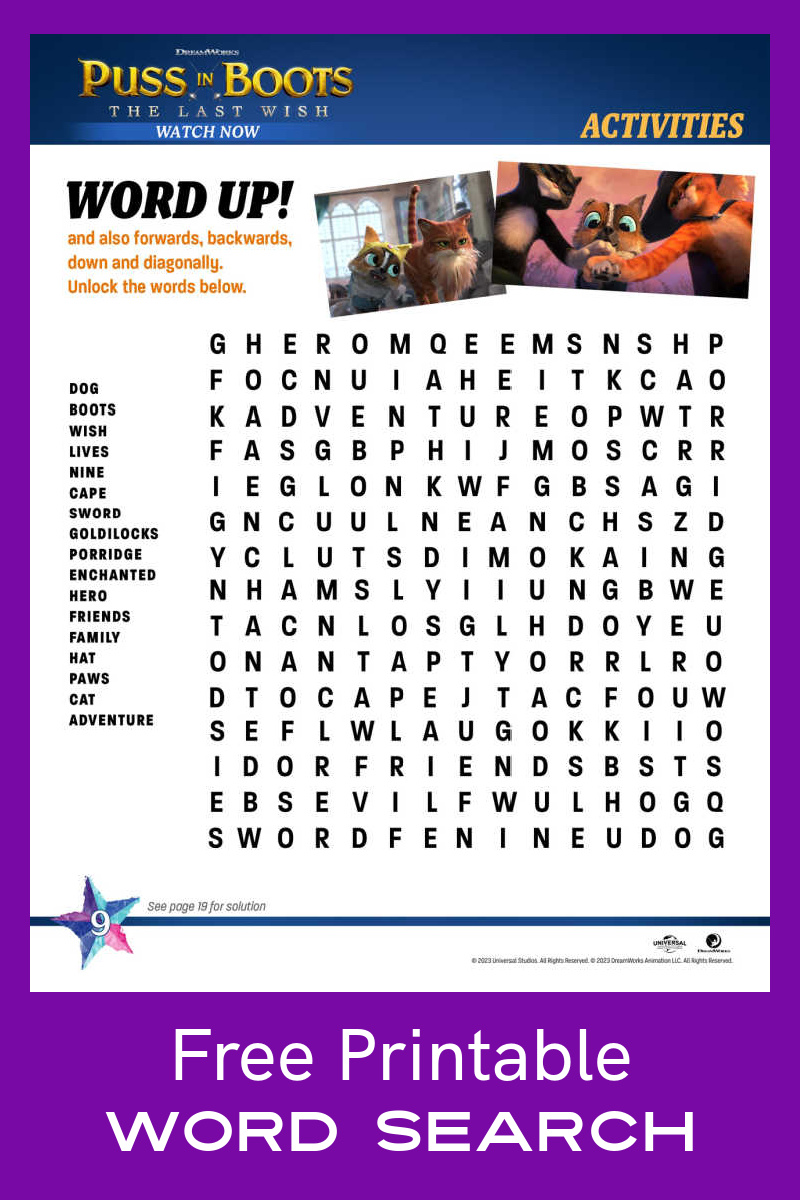 Download the free printable Puss in Boots word search and see how many of the movie words you or your child can find. 