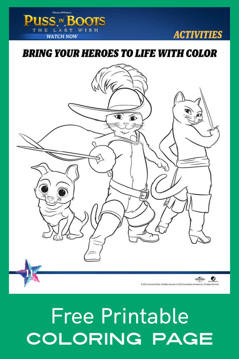 Kids will have with Puss, Kitty Southpaw and Perrito when they color the free printable Puss in Boots characters coloring page. 