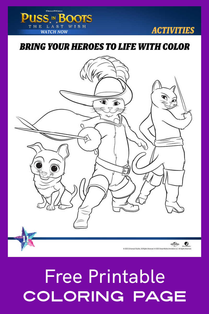 Kids will have with Puss, Kitty Southpaw and Perrito when they color the free printable Puss in Boots characters coloring page. 