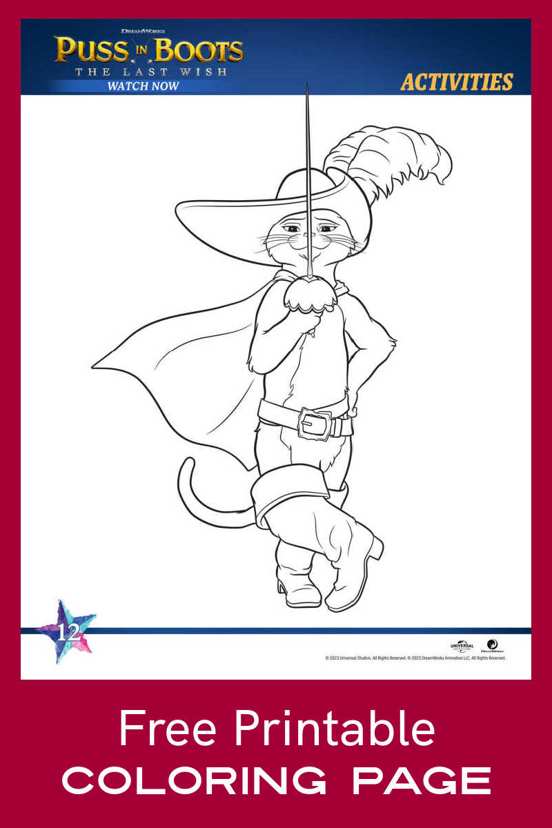 Have fun with the free printable Puss in Boots coloring page featuring the star of this fantastic animated family film. 