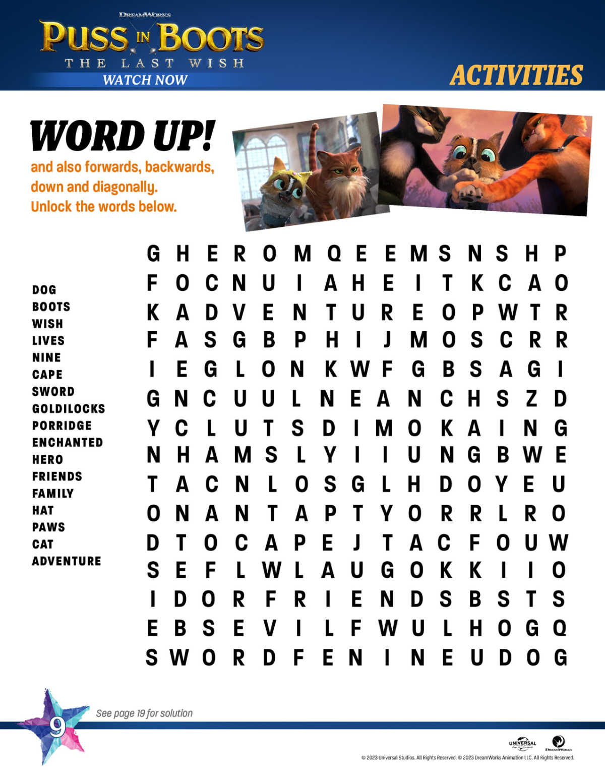 printable puss in boots word search