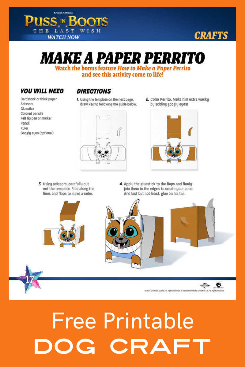 Kids can make their own Puss in Boots Perrito dog craft, when you print this template and then cut and fold the paper. 