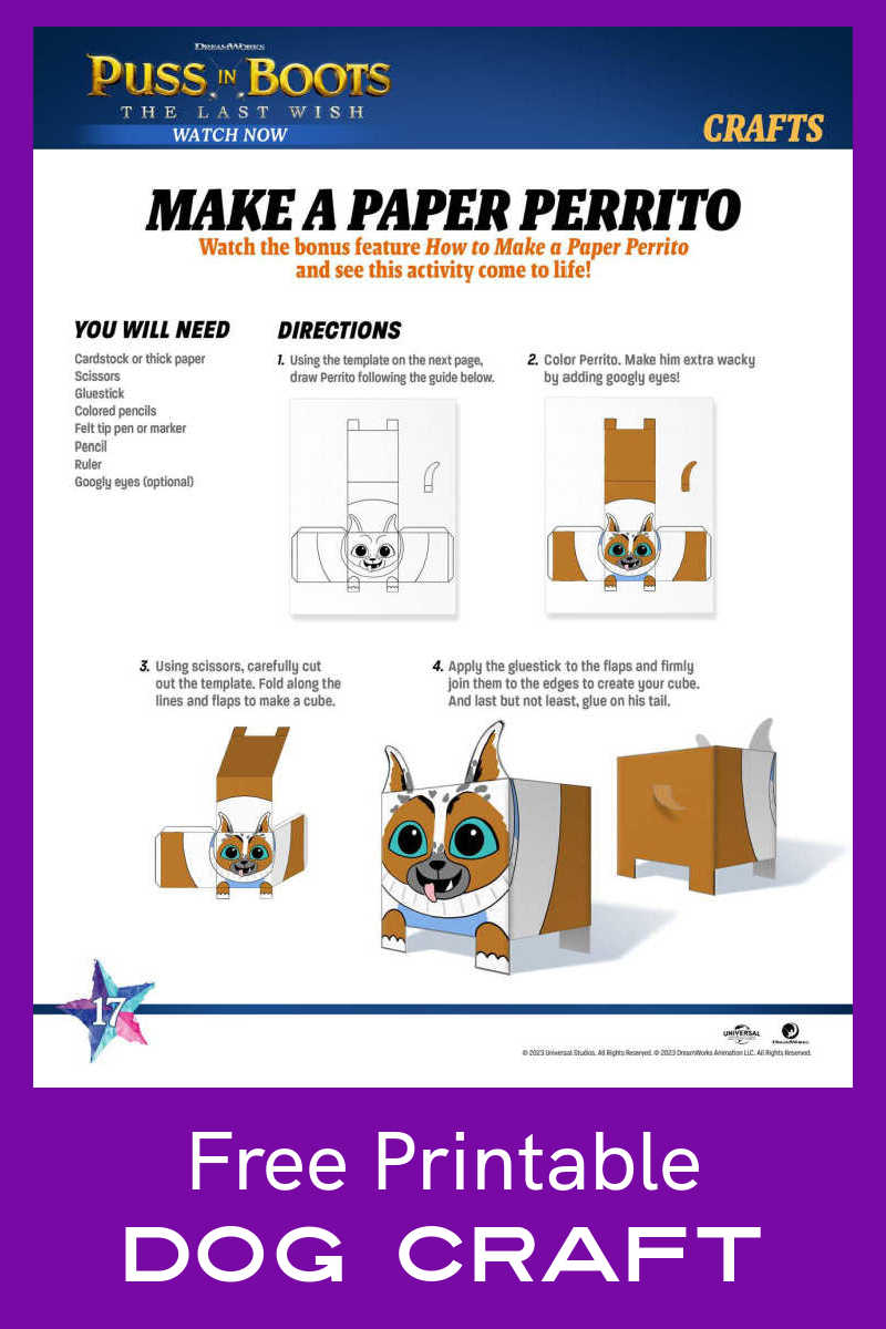 Kids can make their own Puss in Boots Perrito dog craft, when you print this template and then cut and fold the paper. 