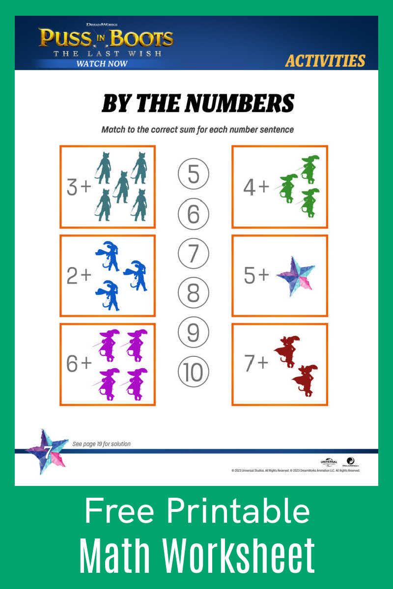 Kids will have so much fun practicing their math skills with this free printable Puss in Boots math worksheet.