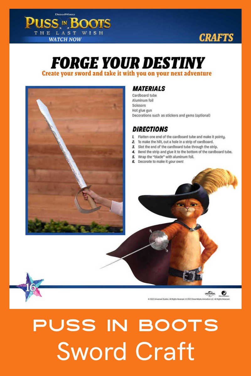 Help your kids make this Puss in Boots sword craft, so they can enjoy imaginative play adventures inspired by the movie. 