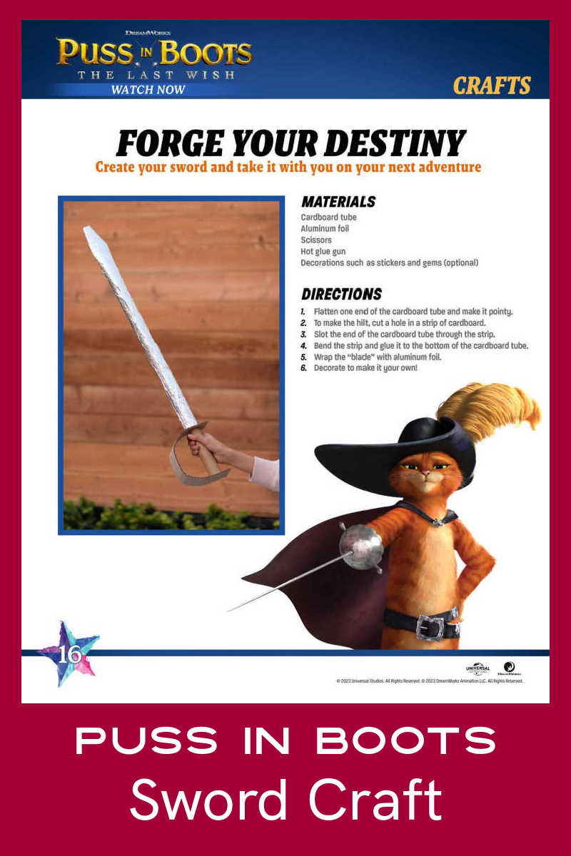 Help your kids make this Puss in Boots sword craft, so they can enjoy imaginative play adventures inspired by the movie. 