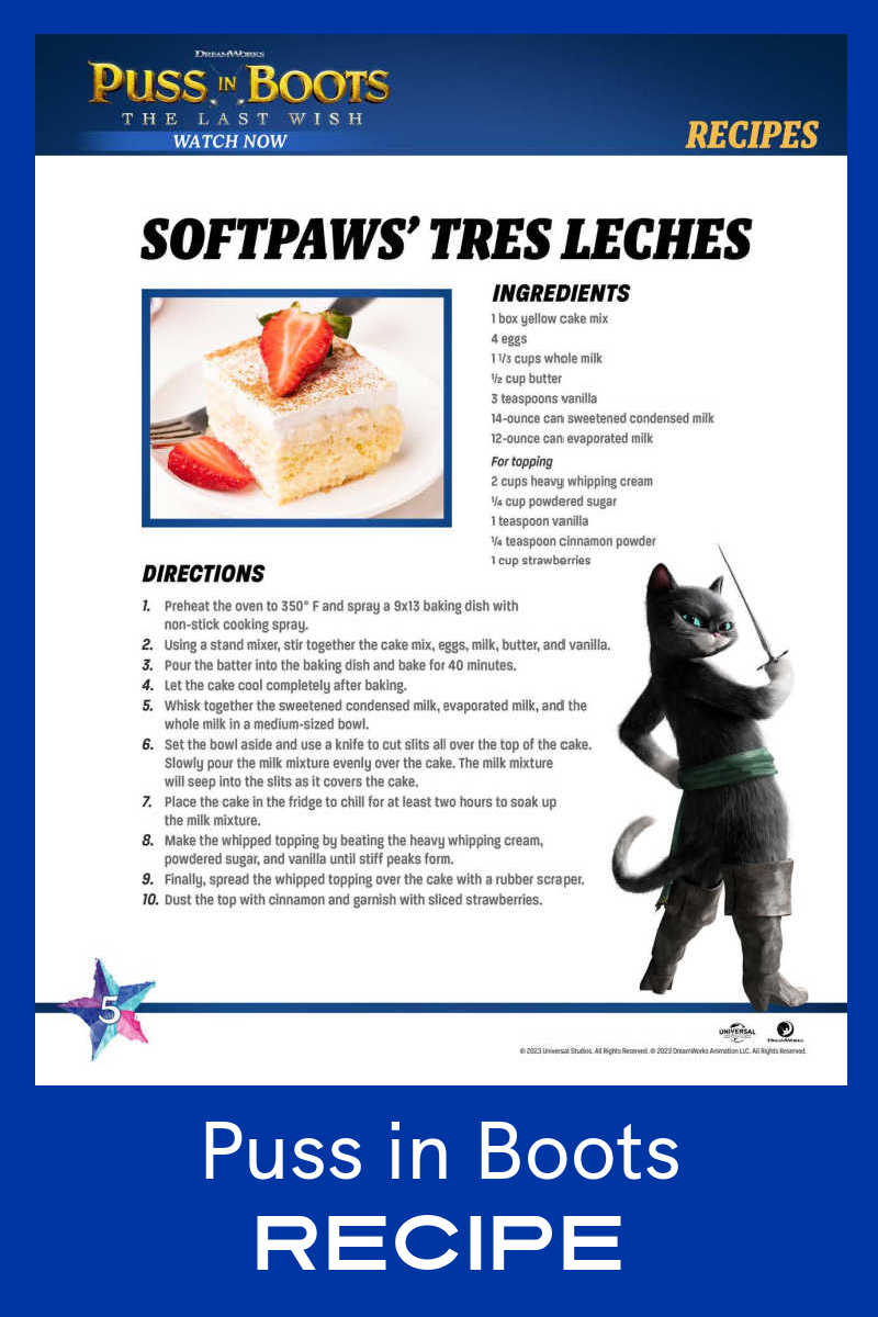 Start with a boxed cake mix and bake a delicious Puss in Boots tres leches cake to enjoy for family movie night or anytime. 