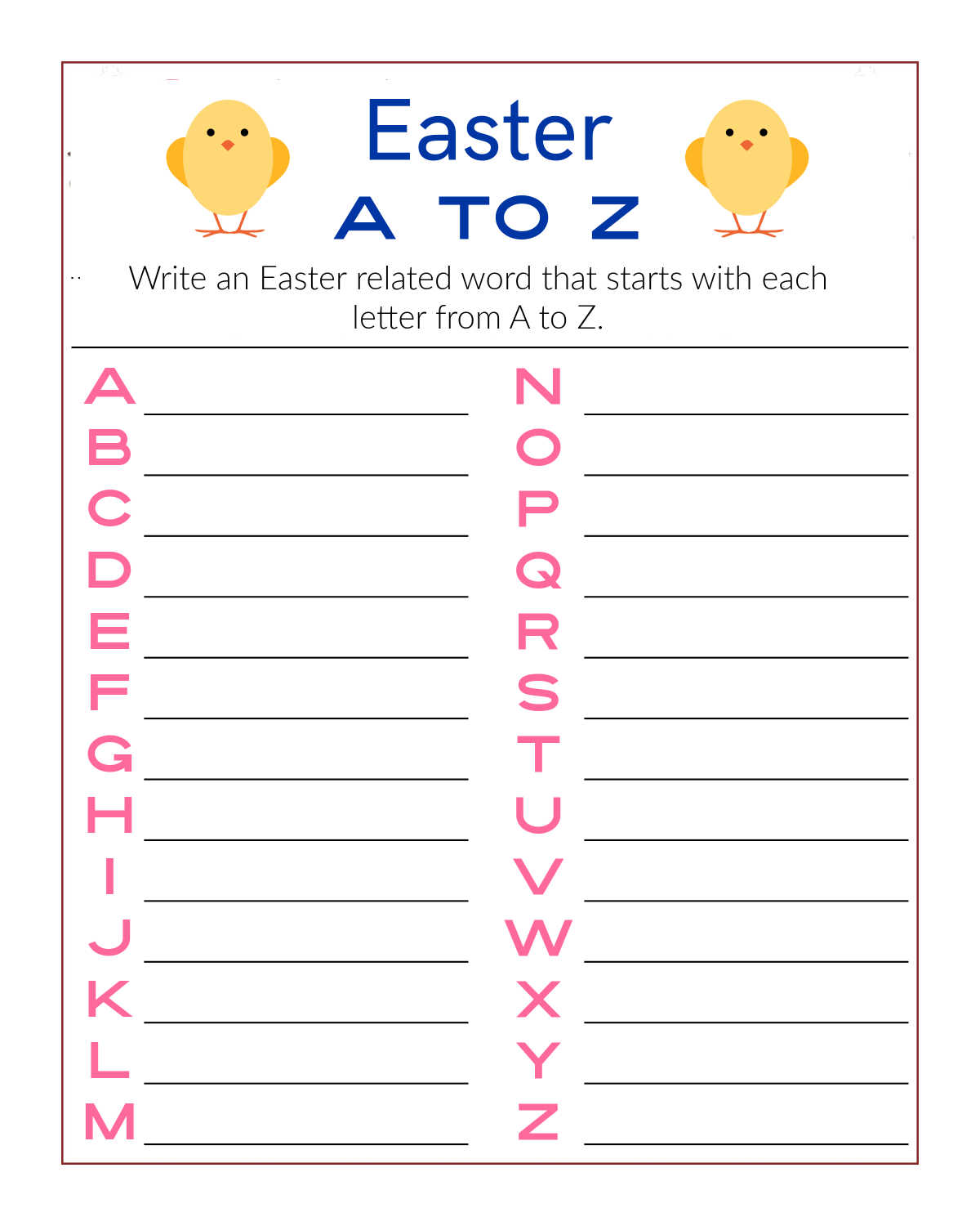 easter a to z word activity page