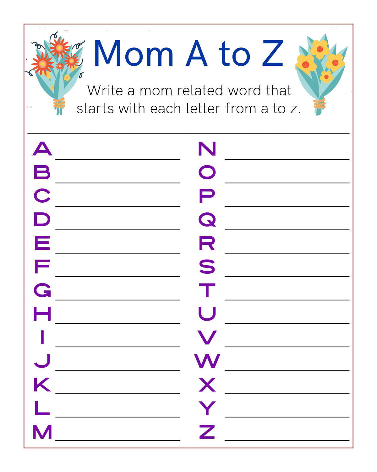 mom a to z word activity page