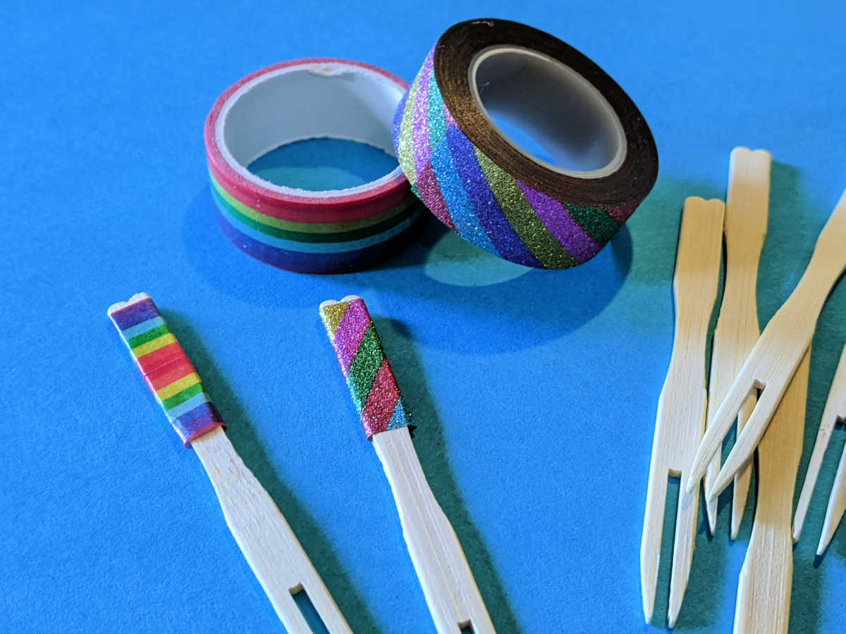 supplies for rainbow washi tape party forks