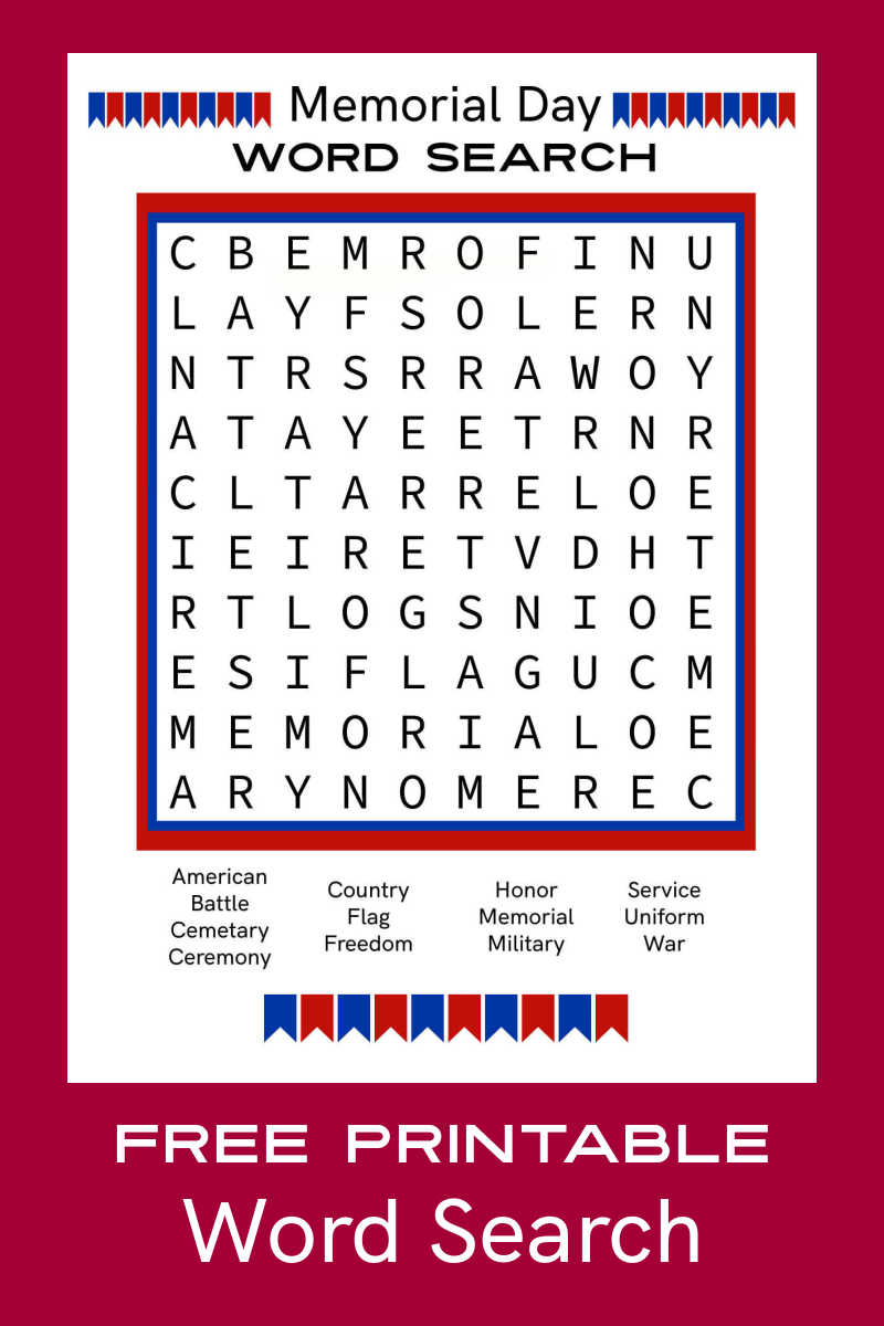 This free printable Memorial Day word search activity page is an educational way to teach kids about the meaning of this important holiday.
