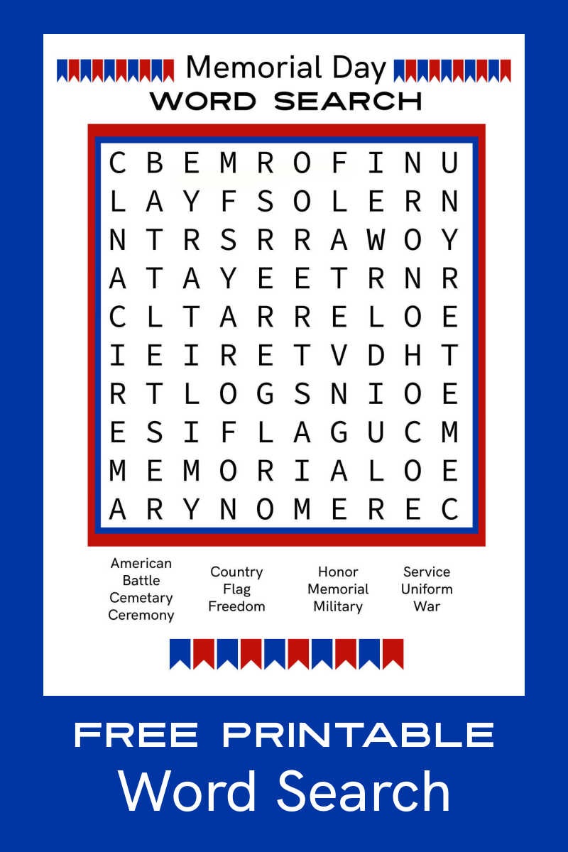 This free printable Memorial Day word search activity page is an educational way to teach kids about the meaning of this important holiday.