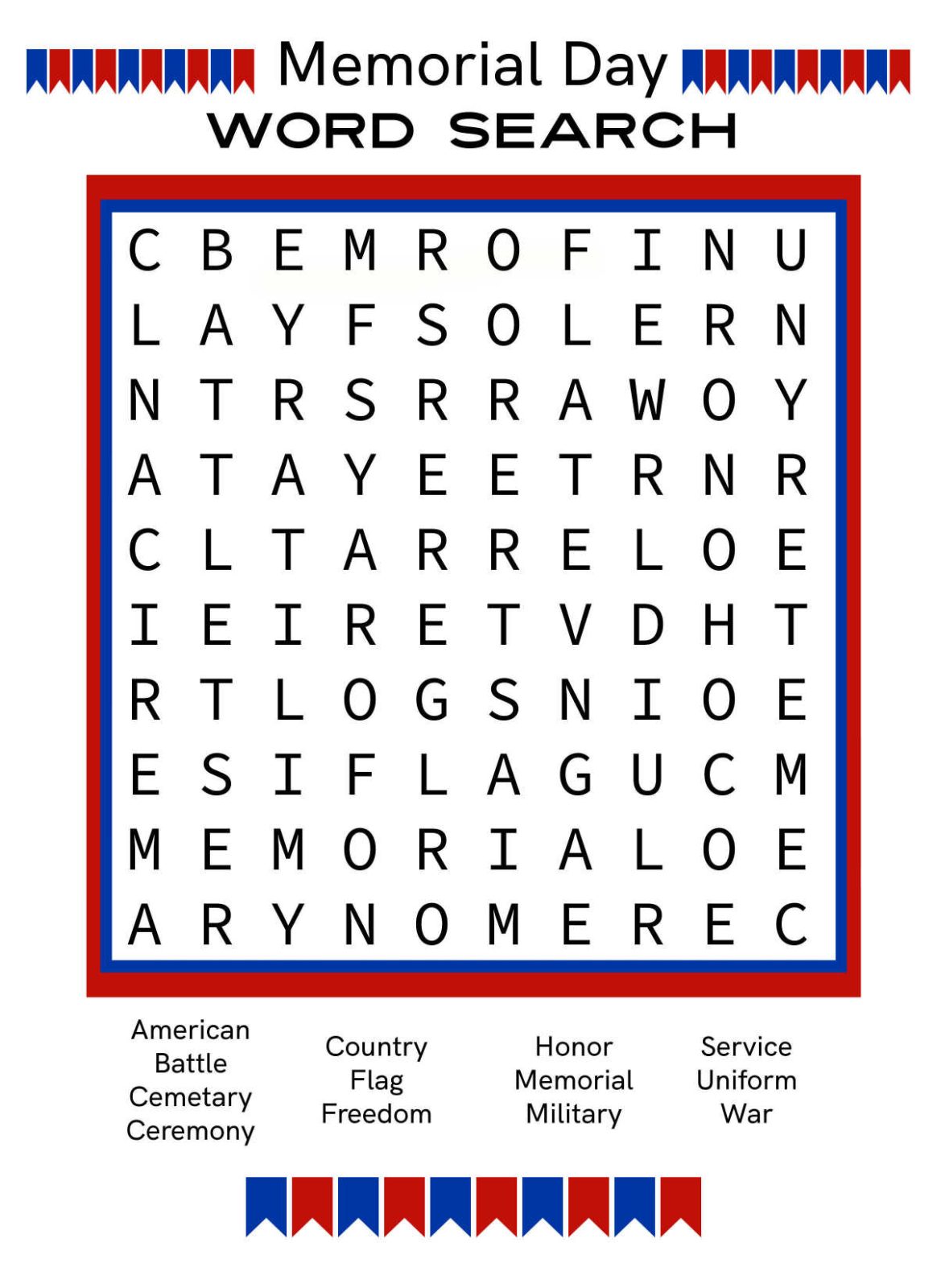 memorial day word search