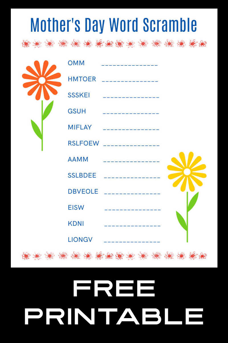 Celebrate mom with this free printable Mother's Day word scramble. Yes, it's free to download the activity page. There's also an answer key, if you need it. 