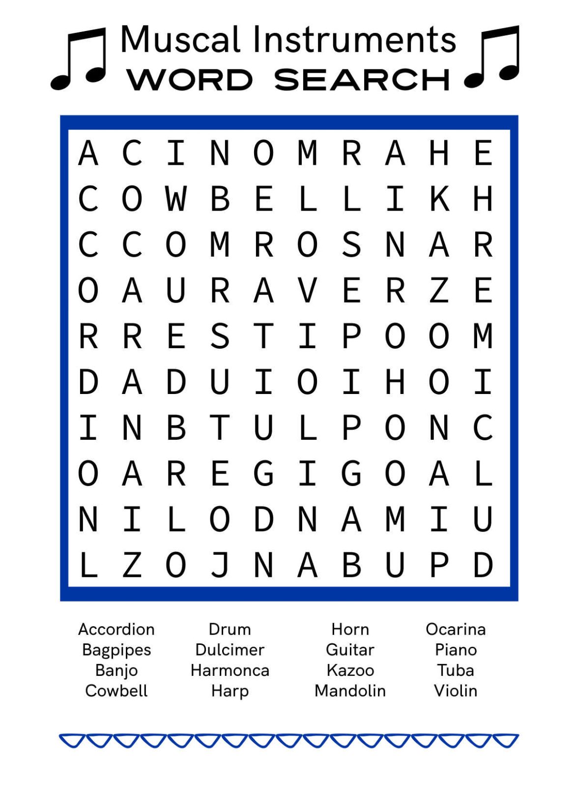 printable musical instruments word search