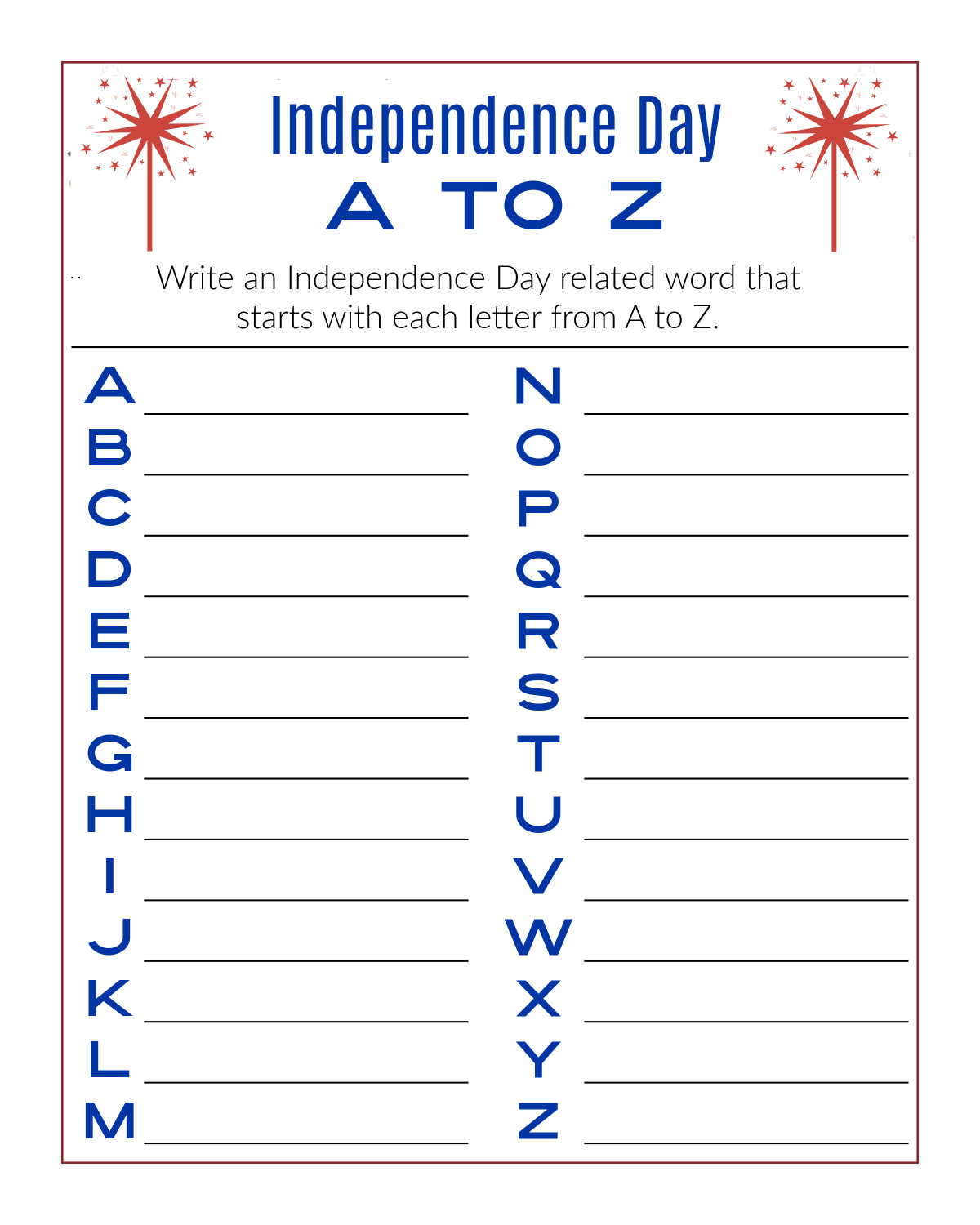 free printable independence day word activity page
