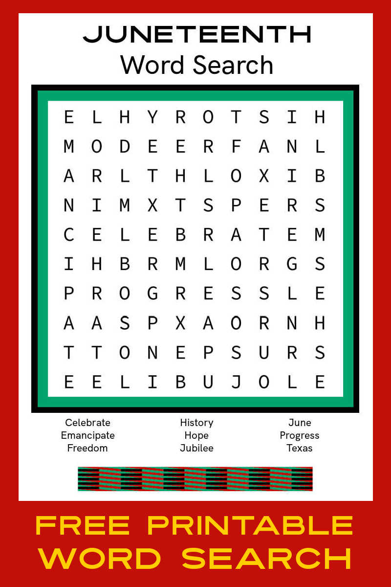 Download the free printable Juneteenth word search and learn about the history of the holiday that commemorates the end of slavery.