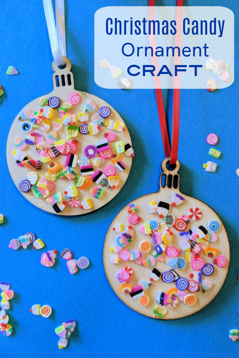 Making a festive wood Christmas candy ornament with polymer clay candy slices and unfinished wood ornaments is an easy and fun craft activity.