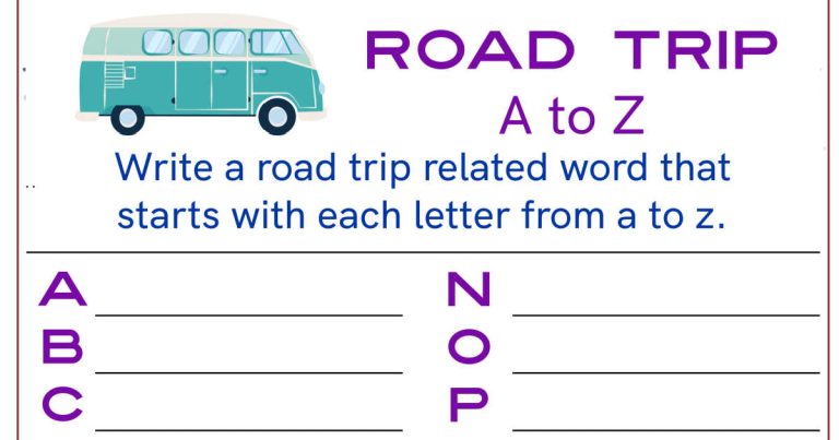 Free Printable Road Trip A to Z Word Activity Page .🚗 - Mama Likes This