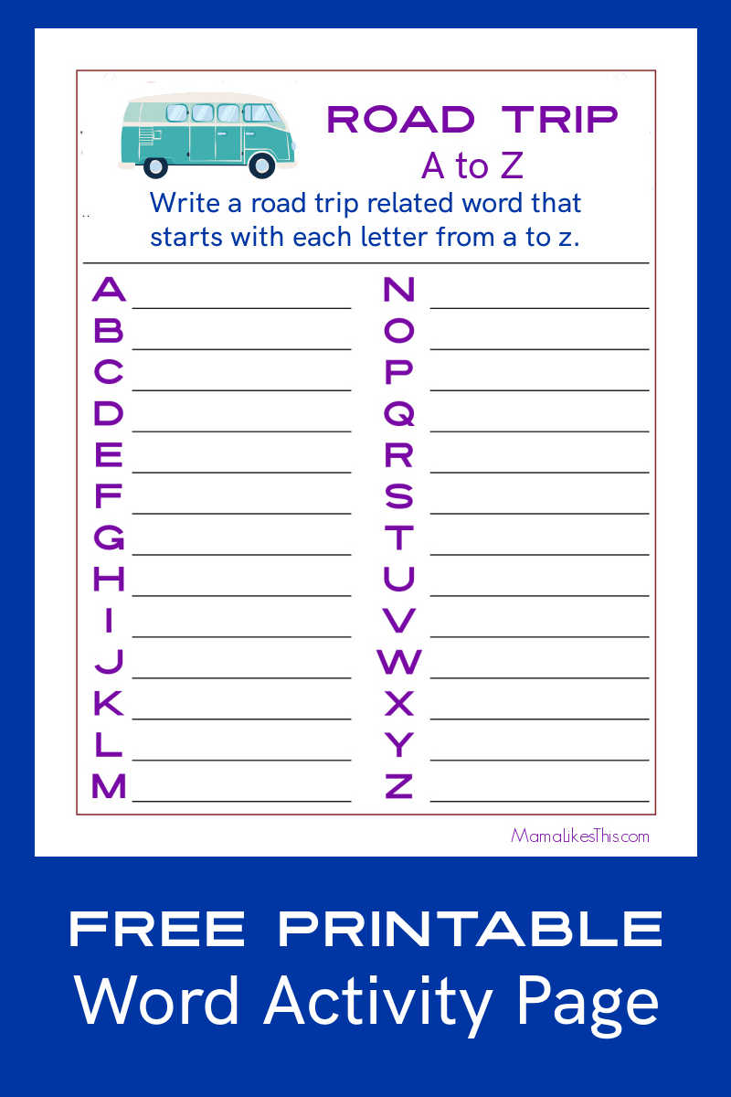 Free Printable Road Trip A to Z Word Activity Page - Mama Likes This