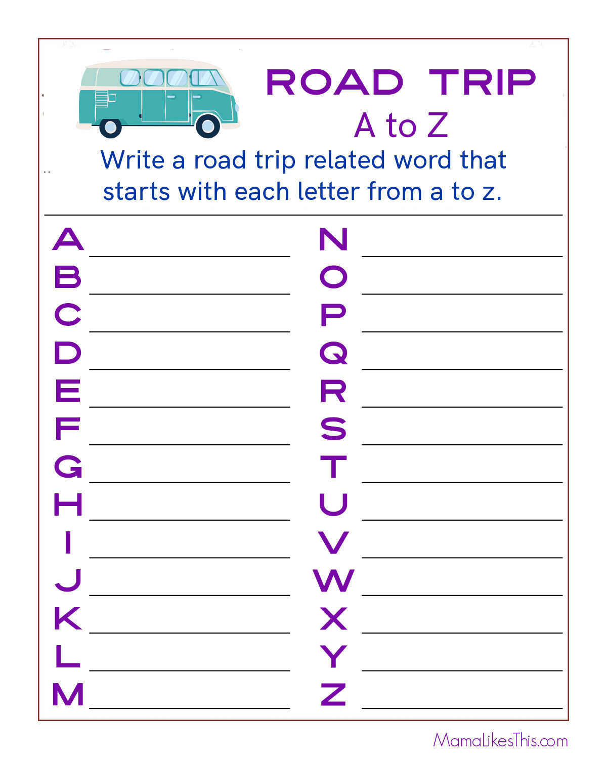 printable road trip word activity page