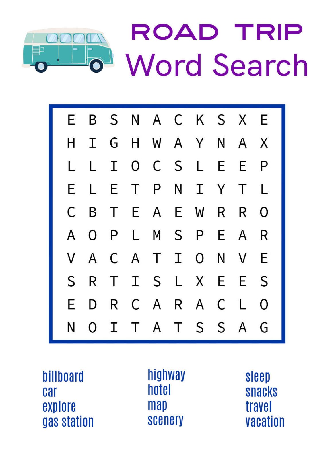 printable road trip word search