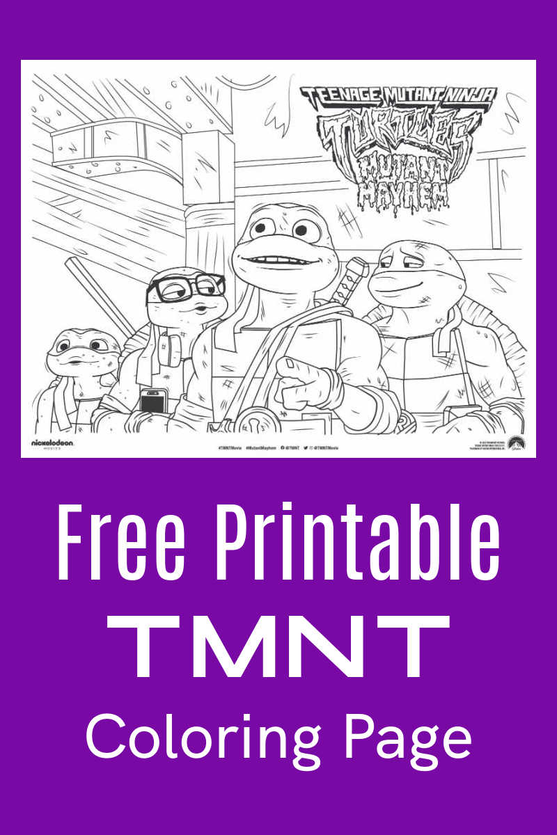Enjoy this free printable TMNT coloring page featuring all four ninja turtles from the exciting new Mutant Mayhem movie.