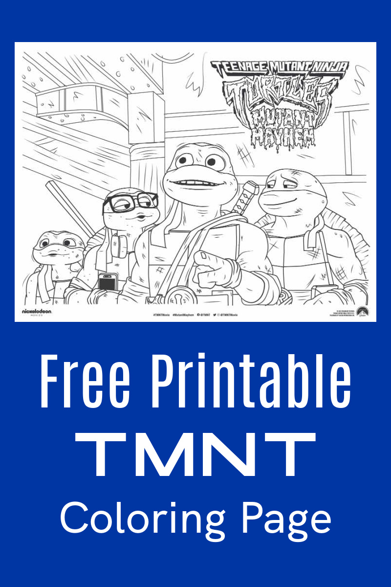 Enjoy this free printable TMNT coloring page featuring all four ninja turtles from the exciting new Mutant Mayhem movie.