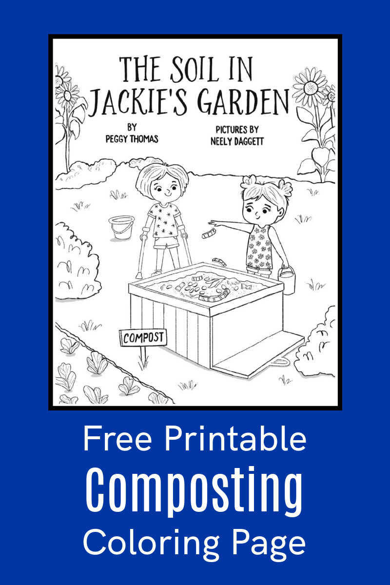 Spark a love for gardening with this free printable composting coloring page! Inspired by The Soil in Jackie's Garden, this cute design features kids adding scraps to the bin, with beautiful sunflowers and veggies growing nearby. Perfect for a companion activity to school lessons about soil and composting!