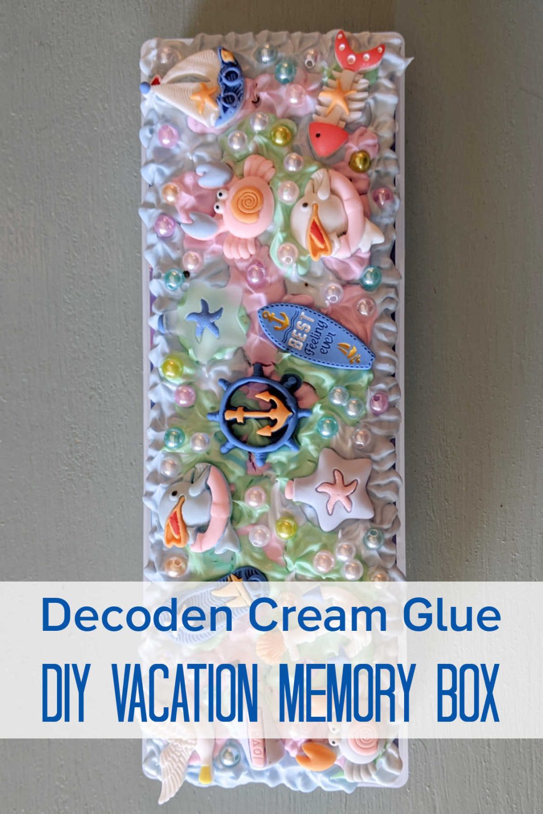 Craft a one-of-a-kind Vacation Memory Box with this easy and fun DIY project! Perfect for all ages, this craft uses whipped cream glue, charms & trinkets to create a beautiful box to hold your most treasured keepsakes. Great for beach trips, cruises, or any adventure!